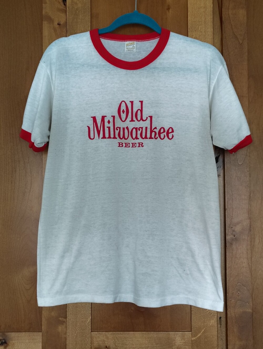 Vintage 80s Old Milwaukee Beer Ringer T-Shirt  Large Single Stitch Red White